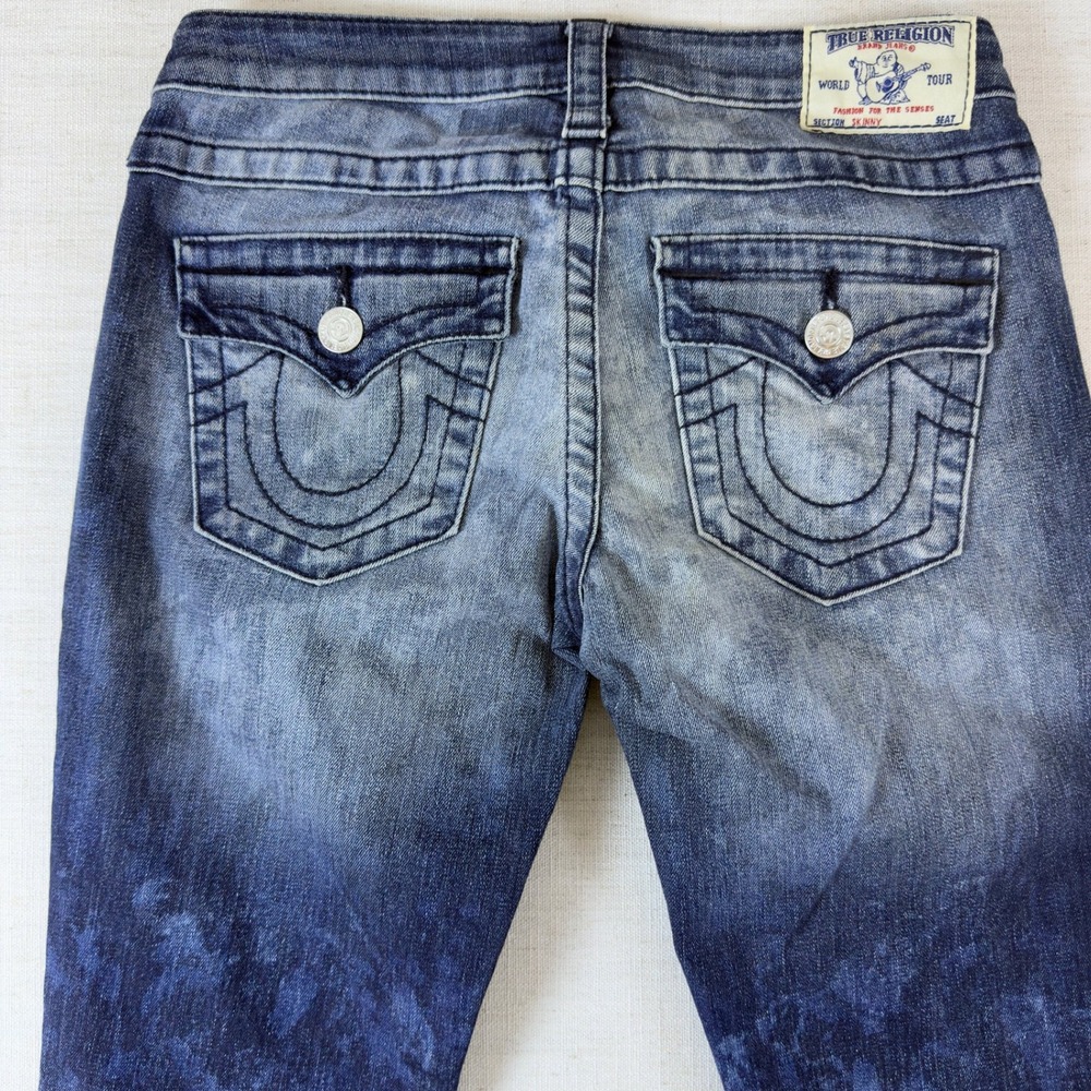 True Religion Skinny Jeans Blue Acid Wash Horseshoe Pocket Denim Pants - Picture 2 of 14